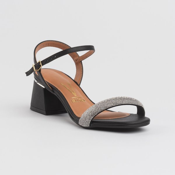 Sandália Vizzano 6428139 Salto Bloco Brilhantes Preta
