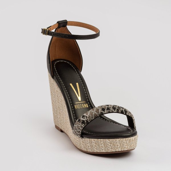 Sandália Vizzano Plataforma Anabela Cristais Preta