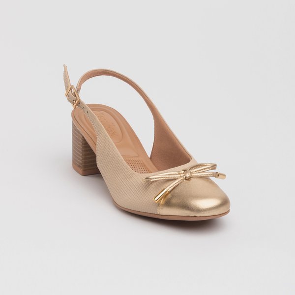 Slingback Usaflex Couro Salto Bloco Marfim Dourado