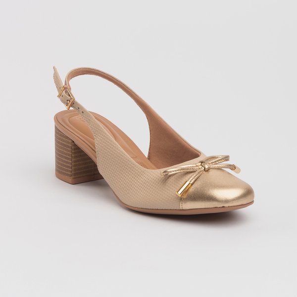 Slingback Usaflex Couro Salto Bloco Marfim Dourado