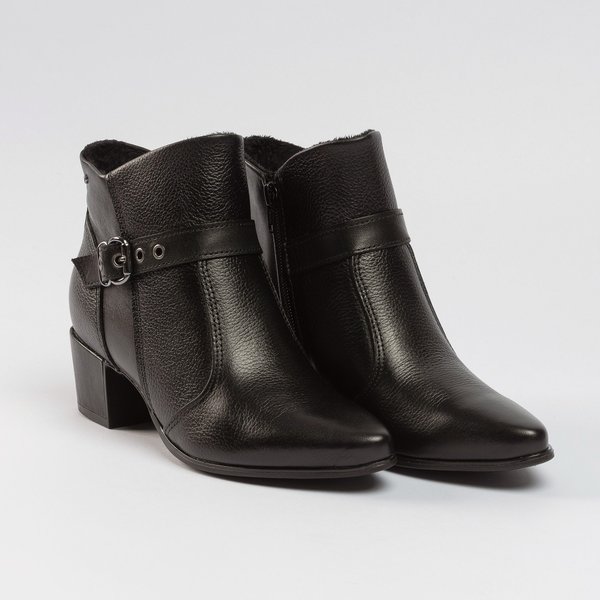 Bota Feminina Pegada Cano Curto Salto Bloco em Couro Preto