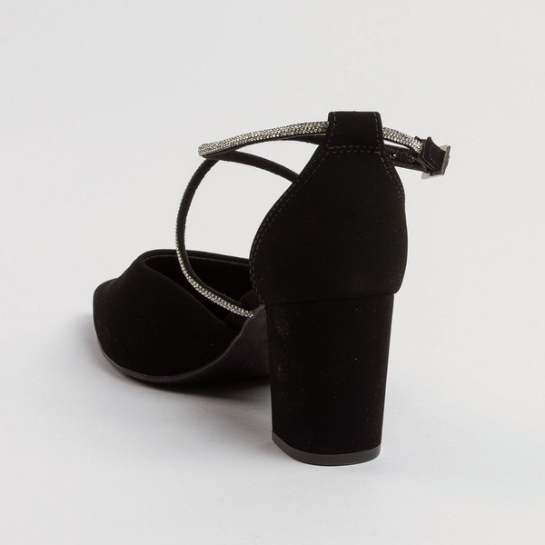 Scarpin Aberto via Marte Salto Alto Nobuck Preto Brilhantes