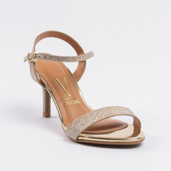 Sandália Vizzano Salto Fino Médio Metalizada Glitter Dourado