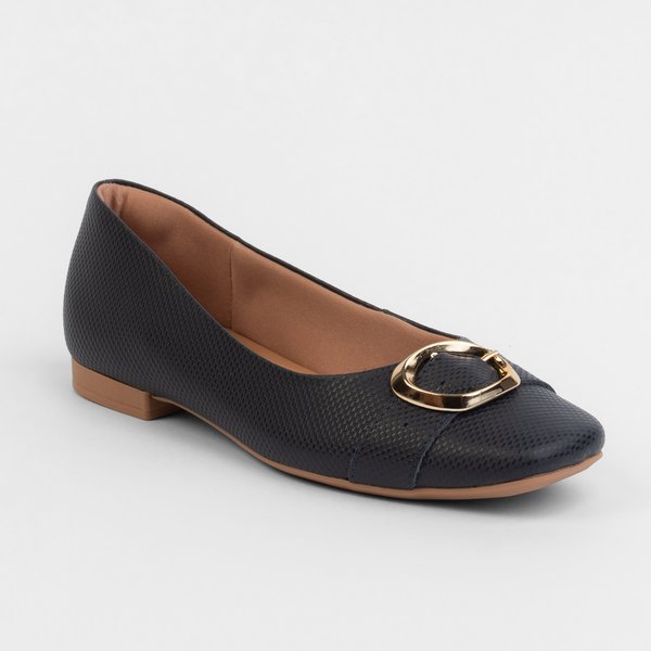 Sapatilha Usaflex em Couro new Blue Bico Redondo Fivela Dourada