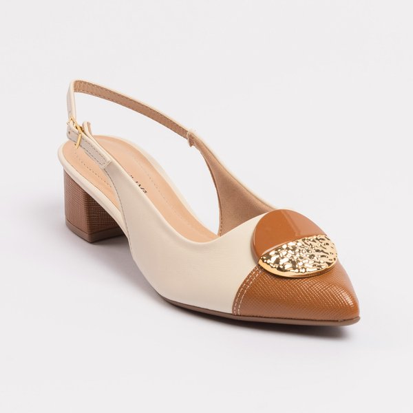 Slingback Piccadilly Salto Bloco Médio Bico Fino off White Mascavo - Main Image