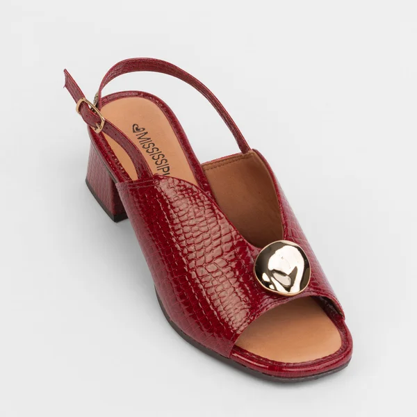 Sandália Fechada Mississipi Salto Bloco Alto Verniz Croco Ruby